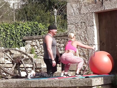 Outdoor the horny blonde Slut gets fucked after her Yoga Session, a horny Threesome cant be missed out either